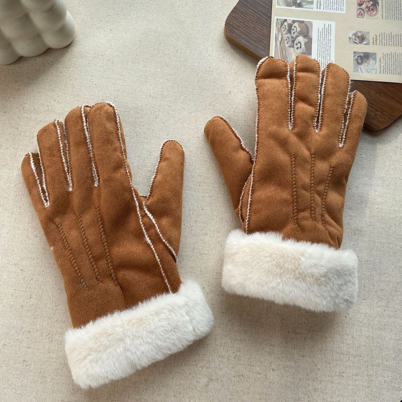 Super varme kastanje efterår og vinter fingerhandsker udendørs lammeuld ruskind fortykket alsidige handsker_voghion.com