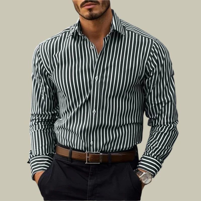 Herrenbekleidung Herrenmode Langarmhemd mit 3D-Digitaldruck - Streifenmuster, atmungsaktives Polyester-Lässiges Button-Down-Hemd für den Alltag_voghion.com