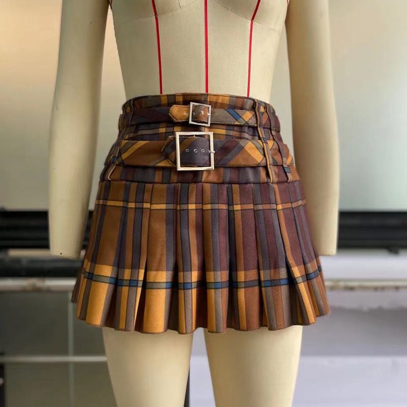 Gonna a pieghe con cerniera spessa autunno e inverno da donna. Gonna a pieghe retrò a trapezio scozzese_voghion.com