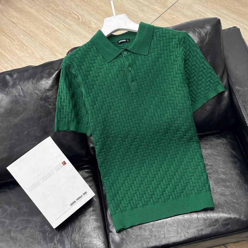 Moška oblačila Lahka, zrela, tanka karo pletena reverna moška majica s kratkimi rokavi, oprijeta polo majica, enobarvni pulover z okroglim izrezom_voghion.com