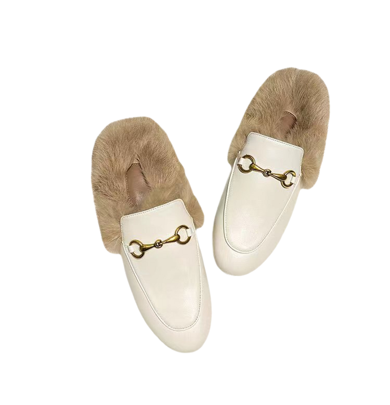 Metallschnalle, weiches Leder, Kaninchenhaar, halber Slipper, Baumwollschuhe, die mit Muller überzogene Hausschuhe tragen, Damenschuhe, Winterfellschuhe, Slip-On, bequem_voghion.com