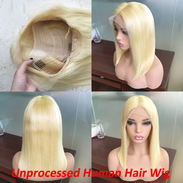 #613 Blonde claire cheveux humains perruques de dentelle suisse vierge brésilienne Non Remy cheveux blonds courts Bob perruques pré plumées_voghion.com