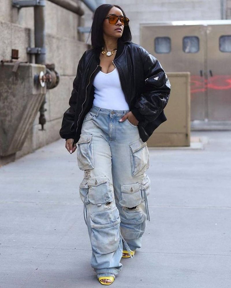 Vêtements pour femmes Nouveau style rétro décontracté troué vêtements de travail jambe large multi-poches jeans pour femmes_voghion.com