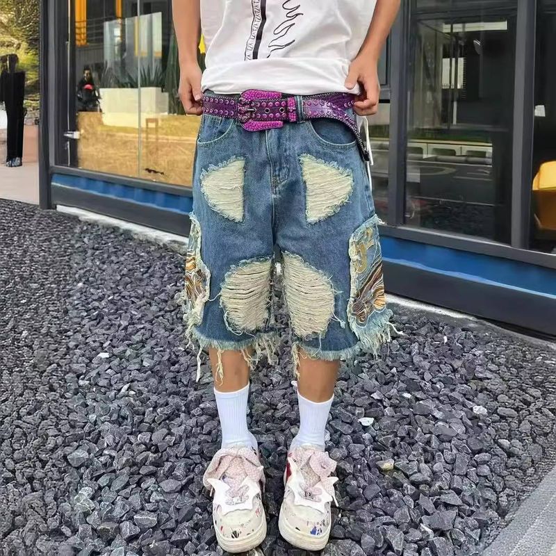 Herrenbekleidung Retro Ripped Denim Shorts Lose Trendy Wide Leg Shorts_voghion.com
