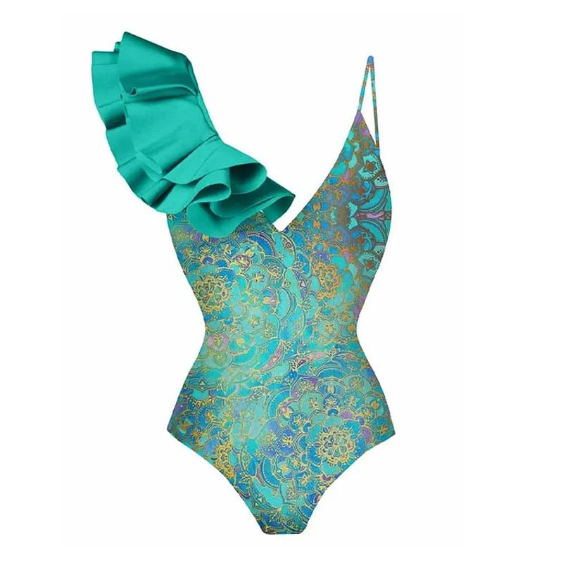 Novo maiô feminino de uma peça para mulheres com babados estilo étnico estampado maiô de uma peça e saia envolvente_voghion.com