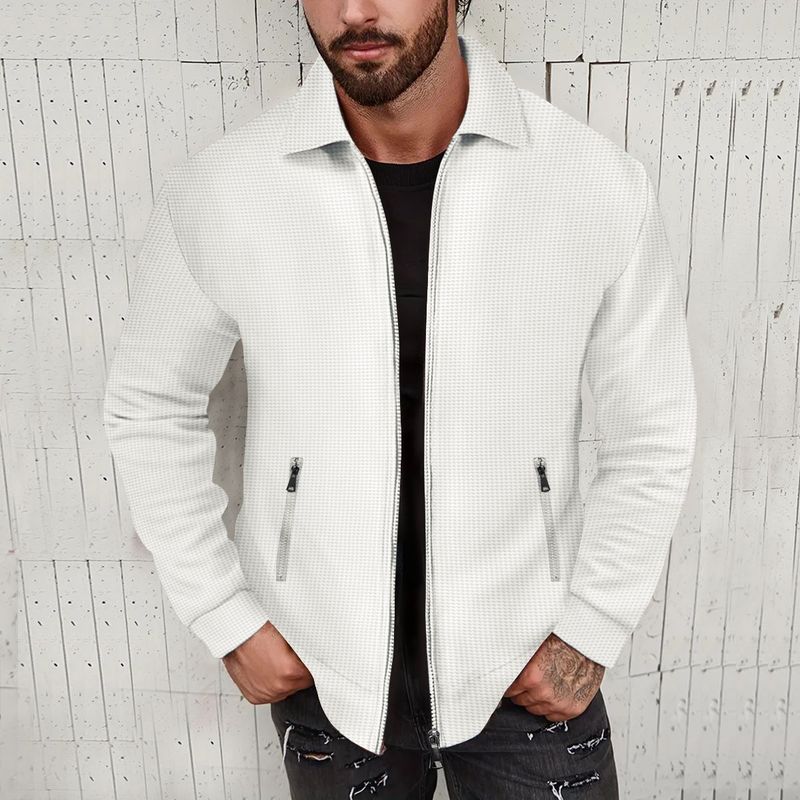 2024 Oberbekleidung Frühling Jugend Waffel Reißverschlusstasche Flip Kragen Slim Fit Strickjacke Herrenjacke_voghion.com