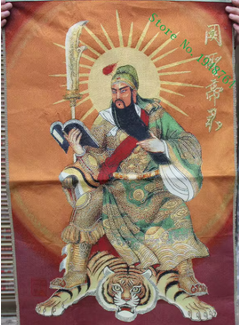 Pictură murală Thangka cu broderie din mătase chinezească de 36 de inci, cu aspectul zeului războinic Guan Gong Yu_voghion.com