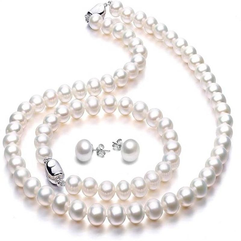 Franse eenvoudige temperament 8 9mm zoetwaterparel dames ketting armband oorbellen driedelig verjaardagscadeau voor moeder_voghion.com