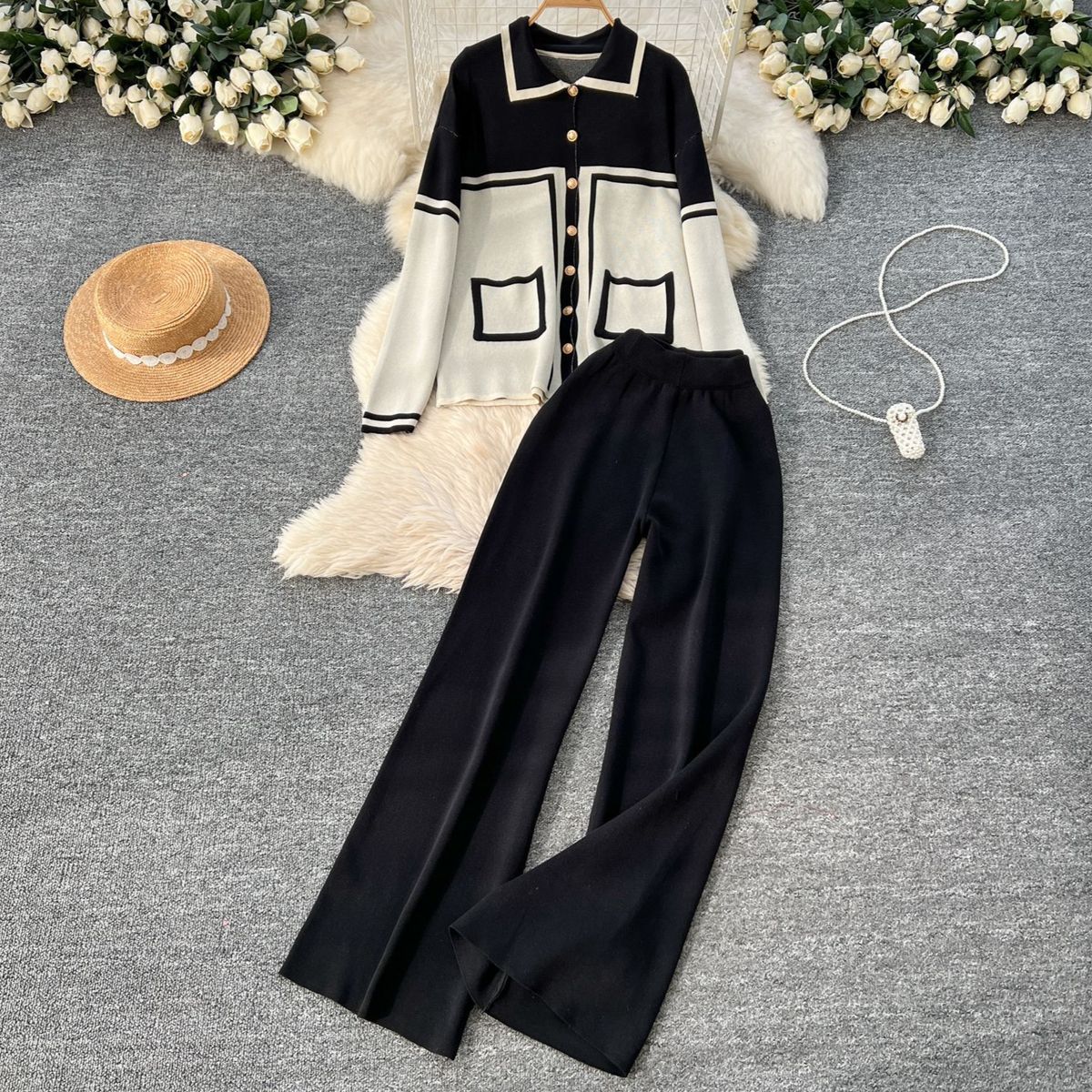 Ropa de mujer de estilo relajado, colores contrastantes de moda, solapa con botones metálicos, suéter de manga larga y pantalones anchos de cintura alta._voghion.com