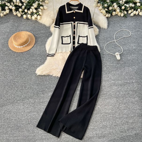 Ropa de mujer de estilo relajado, colores contrastantes de moda, solapa con botones metálicos, suéter de manga larga y pantalones anchos de cintura alta._voghion.com