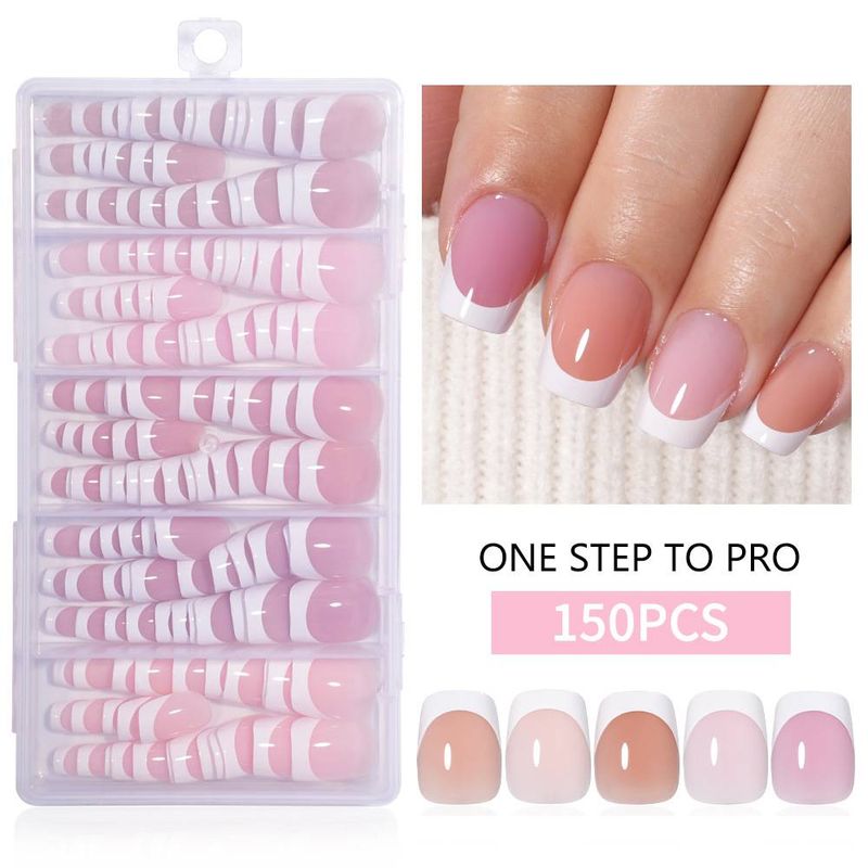 150 Pcs/box Glossy Soft Gel Pink French Nail Tips Medium Almond White Simple Press On Nails 5 Grids Huge Capacity False Nails_voghion.com