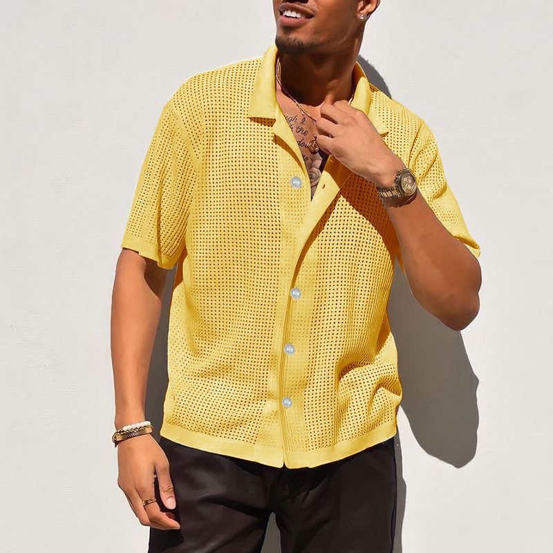 Men's Clothing Casual Knitted Shirt Men's Summer New Style Solid Color Lapel Hollow Breathable Men's Short Sleeved Top_voghion.com
