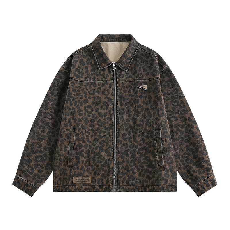 Giacca in denim con stampa leopardata da uomo, stile punk, oversize, con cerniera, per abbigliamento casual da strada, primavera e autunno_voghion.com
