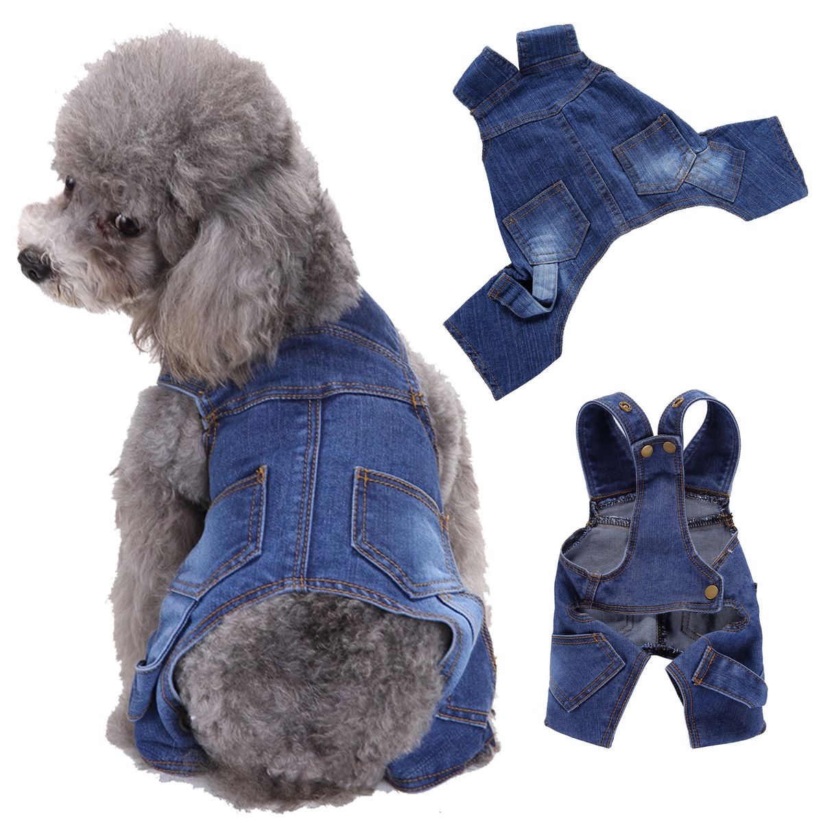 Lässiger, einfacher, blau gewaschener, weicher Denim-Overall für kleine Hunde und Katzen_voghion.com
