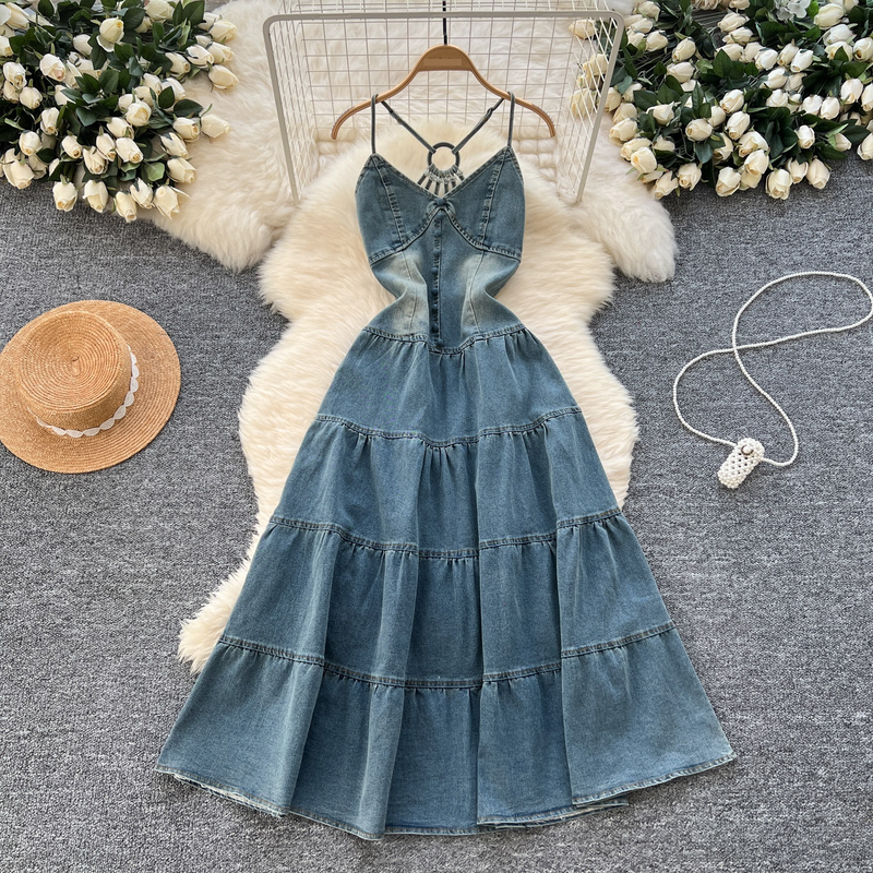 Îmbrăcăminte pentru femei de nișă, high-end, cu gol, spate fără mâneci, curea cu arc, talie strâmtă, slăbire, rochie din denim pentru femei_voghion.com