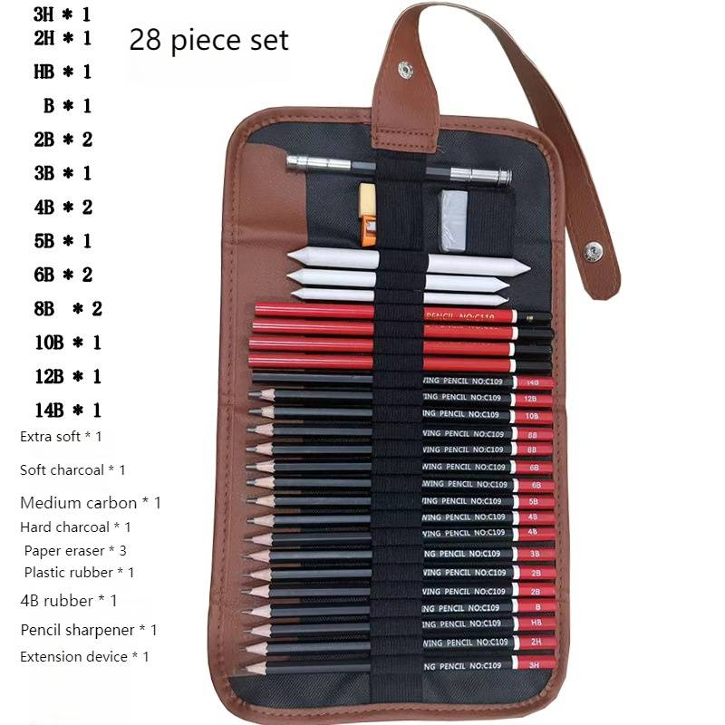 28-teiliges Skizzenstift-Set mit 15 abgestuften Bleistiften (3H-14B) – Professionelles Zeichenset für Künstler und Anfänger_voghion.com