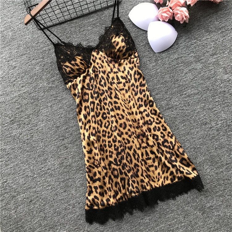 Kvinders nattøj Silkesort Leopardprint Hjemmetøj Pyjamassæt Mode blondepyjamassæt_voghion.com
