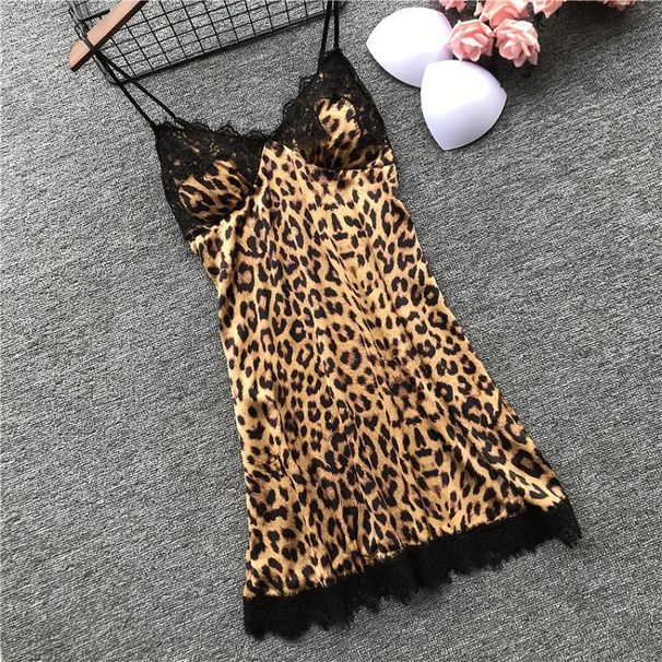 Kvinders nattøj Silkesort Leopardprint Hjemmetøj Pyjamassæt Mode blondepyjamassæt_voghion.com