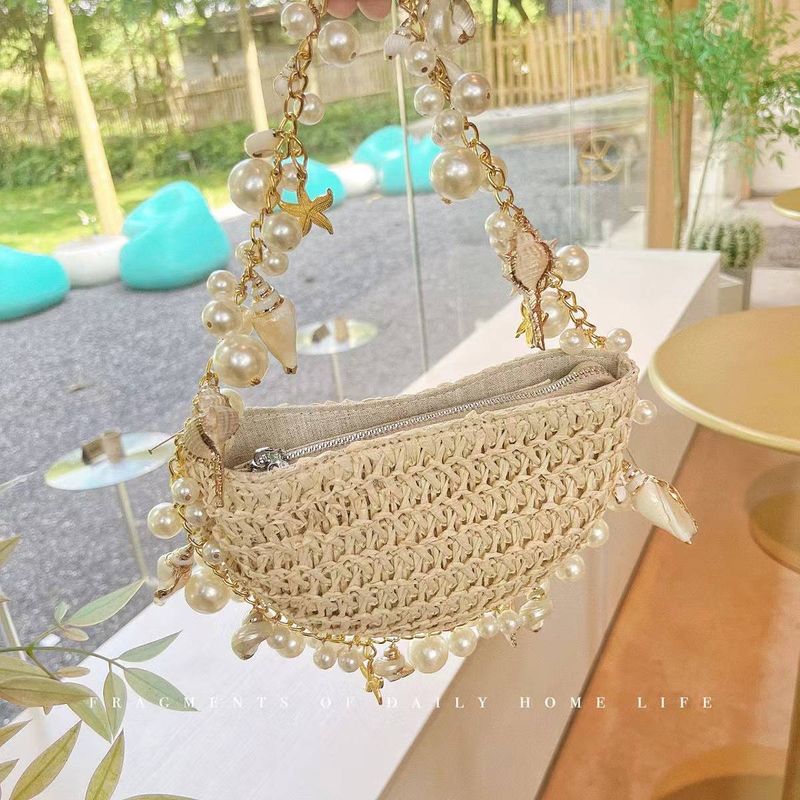 Women's Bags Spring And Summer New Straw Woven Bag Woven Bag Pearl Conch Handbag Female Fairy Handbag Small Personality Trend_voghion.com