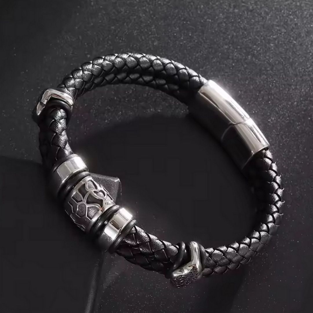 Men's Hip Hop Beaded Double Circle Leather Bracelet Woven Leather Fashion Men's Bracelet_voghion.com