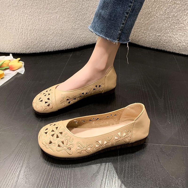 2024 Sommer neue Retro-hohle Wer Mutter Frauen mittleren Alters und ältere flache bequeme flache Mund Bohnenschuhe_voghion.com