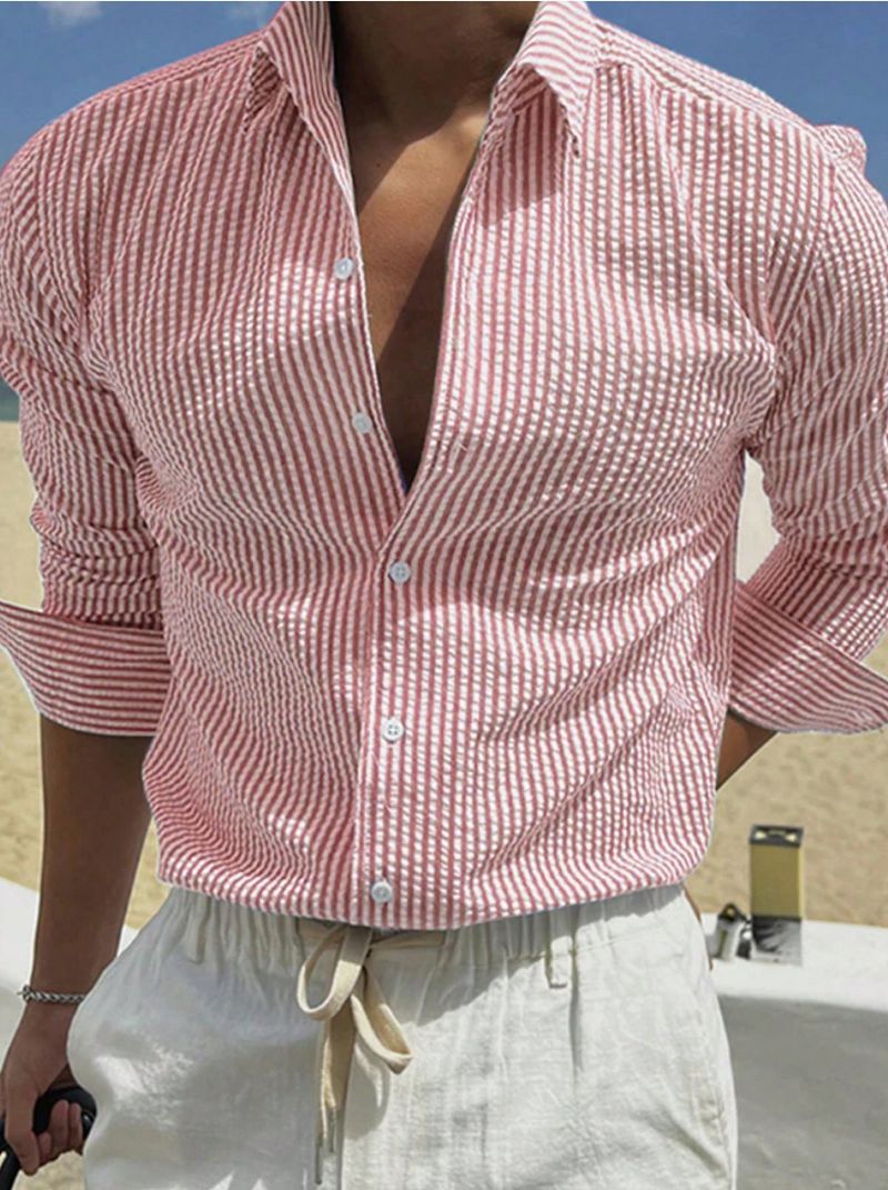 Herrenbekleidung Herrenmode Gestreiftes Cardigan-Revers-Langarmhemd_voghion.com