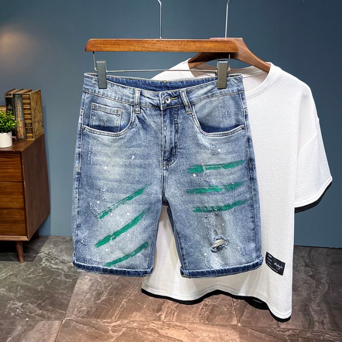 Pantaloncini in denim strappati retrò da donna, alla moda, aderenti, dritti, con stampa graffiti a schizzi d'inchiostro_voghion.com