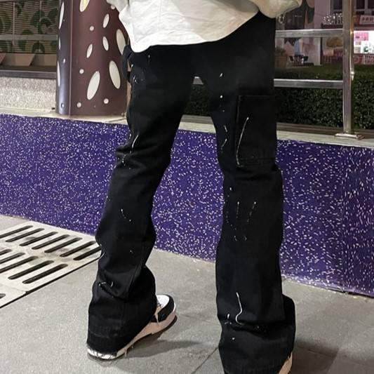 Abbigliamento maschile High Street Trendy Brand Splashed Ink Micro Flared Jeans Uomo Retro Vibe Style Loose Straight Casual Mopping Pantaloni_voghion.com