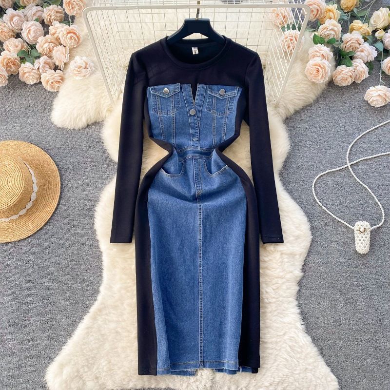 Nischen-High-End-Rundhalsausschnitt, gefälschtes zweiteiliges gespleißtes Jeanskleid, schmaler, schmaler langer Rock_voghion.com