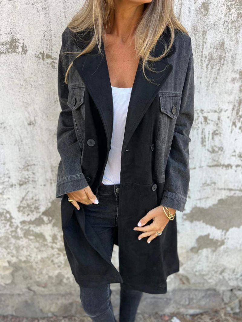 Women's Clothing Suit Collar Denim Splicing Mid Length Coat For Women_voghion.com