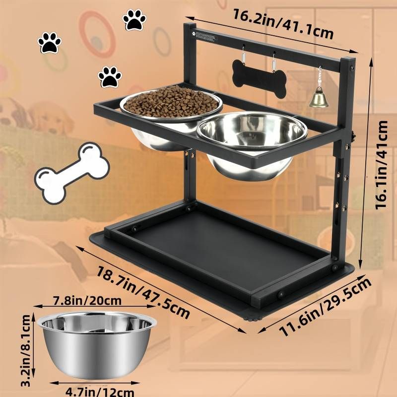 Comedero elevado para perros con dos cuencos de acero inoxidable: cuencos elevados para perros grandes y medianos con soporte metálico ajustable y tapete de silicona antideslizante._voghion.com