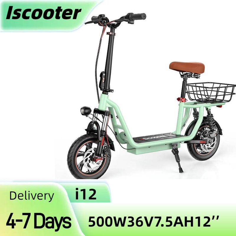Patinete eléctrico IScooter I12 con asiento para adultos, 500 W, 12 pulgadas, doble suspensión, cesta, asiento y manillar ajustables en altura._voghion.com