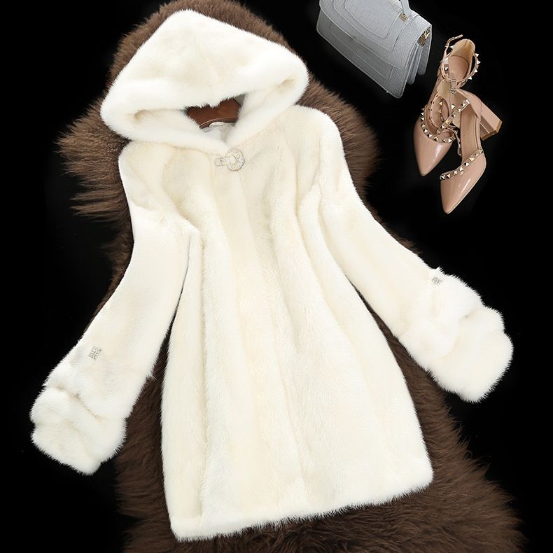 Cappotto con cappuccio in visone sintetico da donna – Giacca invernale di media lunghezza con dettagli in filo metallico (capospalla bianco, elegante e perfetto per l'ufficio)_voghion.com