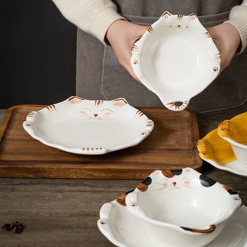 Japanese Style Hot-Selling Cute Cat Hand-Painted Underglaze Color Instant Noodle Salad Dessert Single Serving Bowl Plate_voghion.com