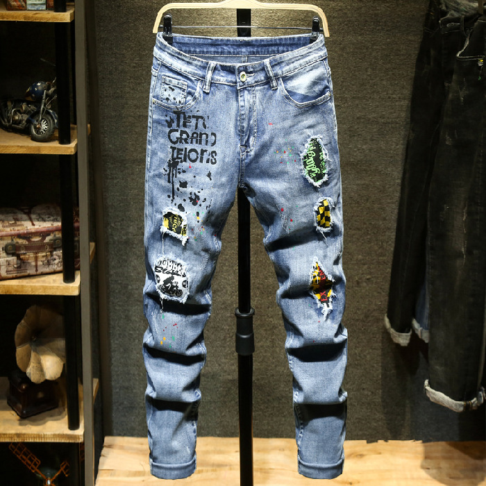 Slim fitting jeans, men's scraped patches, printed holes, nostalgic blue elastic pants for young men_voghion.com