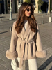 Elegant Lace Up Woolen Short Coat Solid Loose Lapel Furry Belt Long Sleeve Jacket Female 2025 Autumn Winter Lady Chic Cardigan_voghion.com