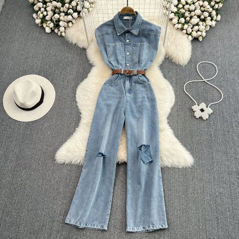 Estilo de ropa de mujer, ropa de trabajo, mono de mezclilla, cintura alta, adelgazamiento, pantalones rectos de pierna ancha, mono para mujer_voghion.com