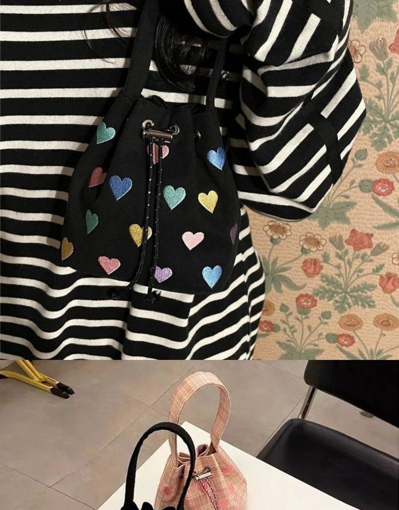 Sac seau pour femme brodé Love Draw avec fourre-tout rose à bandoulière, mini sac seau pour femme_voghion.com