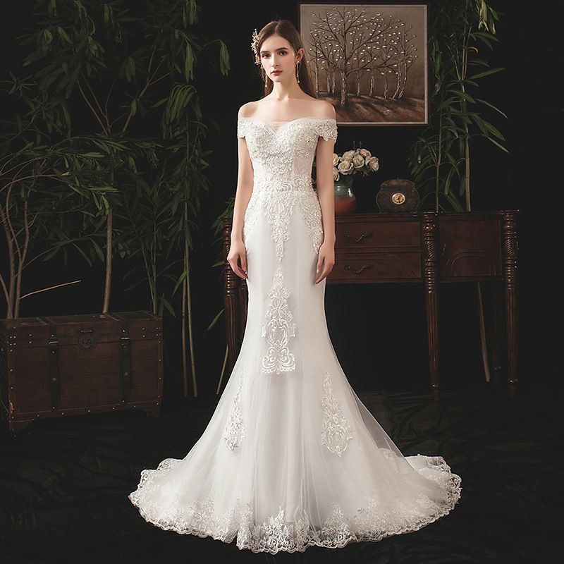 Women's dress fishtail wedding dress small children line shoulder slimming wedding dress_voghion.com