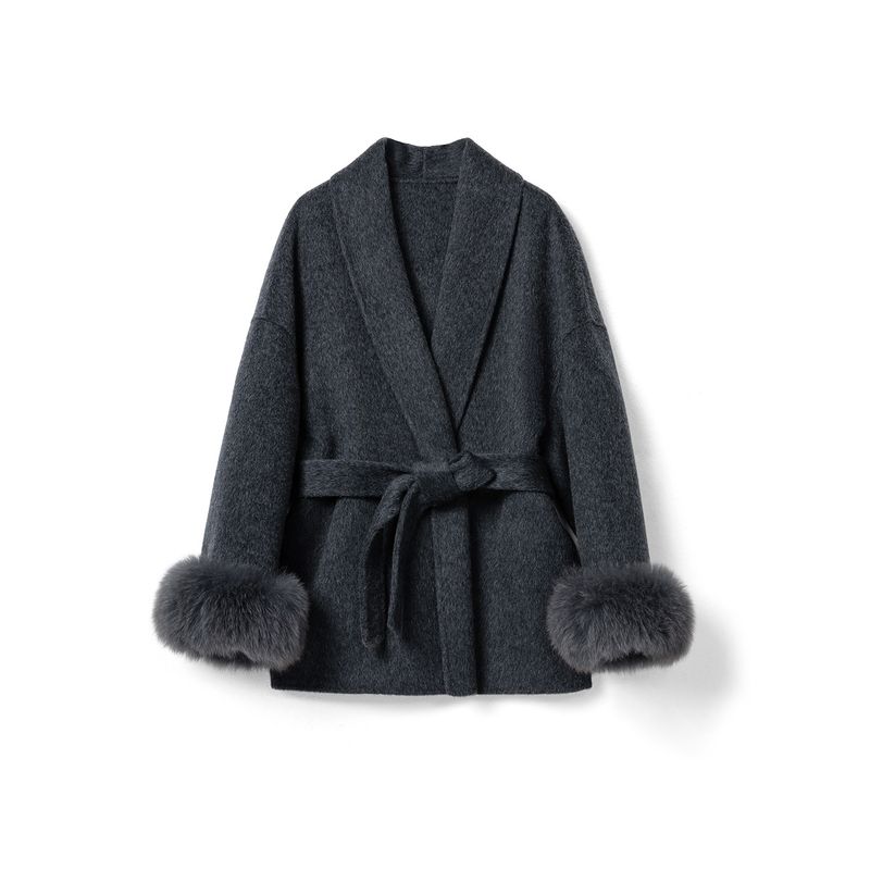 Women's Wool-Blend Double-Faced Coat - Short Length Scarf Collar Jacket With Belt, Alpaca Wool & Cashmere Touch, Elegant Office Wear_voghion.com