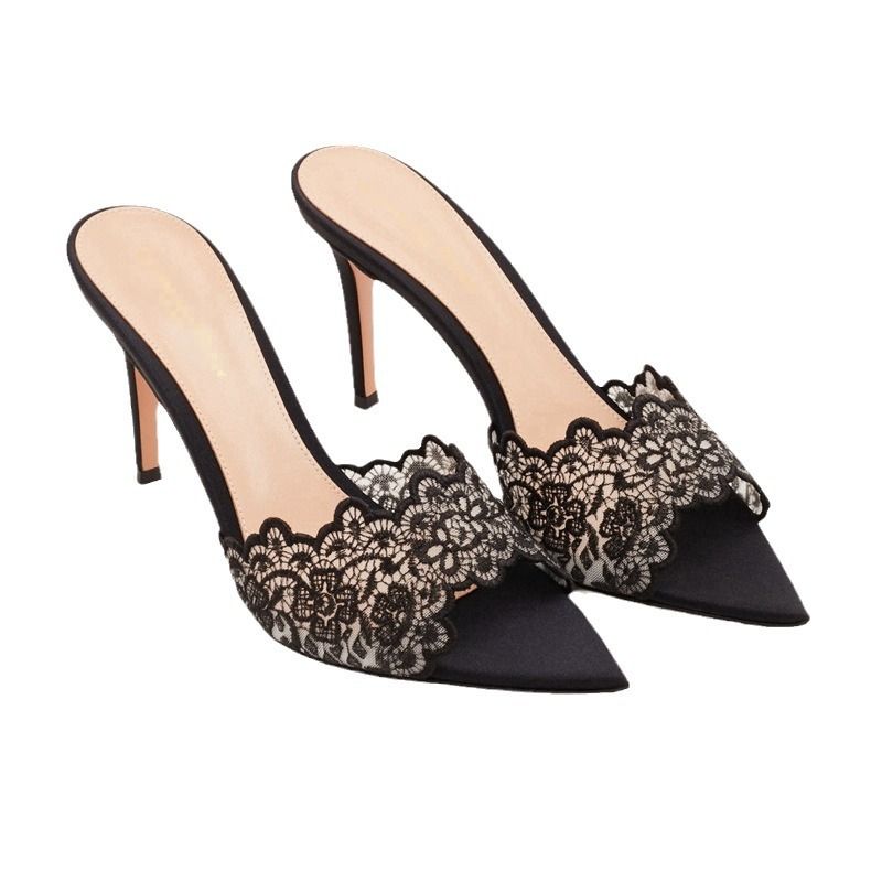 Lace high heels slippers pointy thin heel not tired feet high heels champagne fashion sexy outside wear_voghion.com