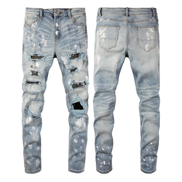 Herrkläder Graffiti Slim High Street Jeans Paint Diamond Hole Patch Byxor_voghion.com