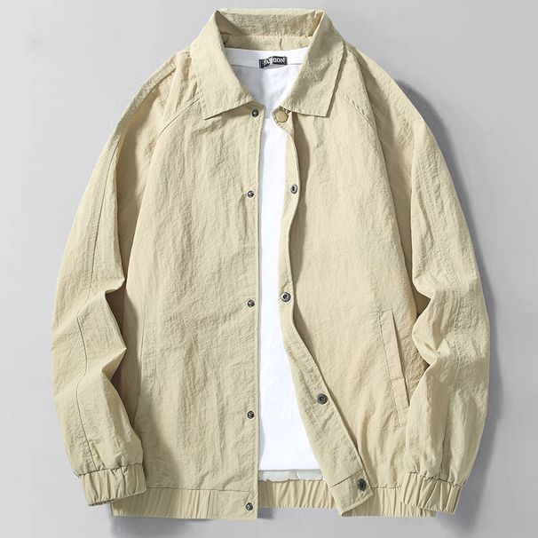 Men'sStyle Lapel Work Jacket - Lightweight Breathable Casual Windbreaker For Spring & Autumn (Black, Khaki)_voghion.com