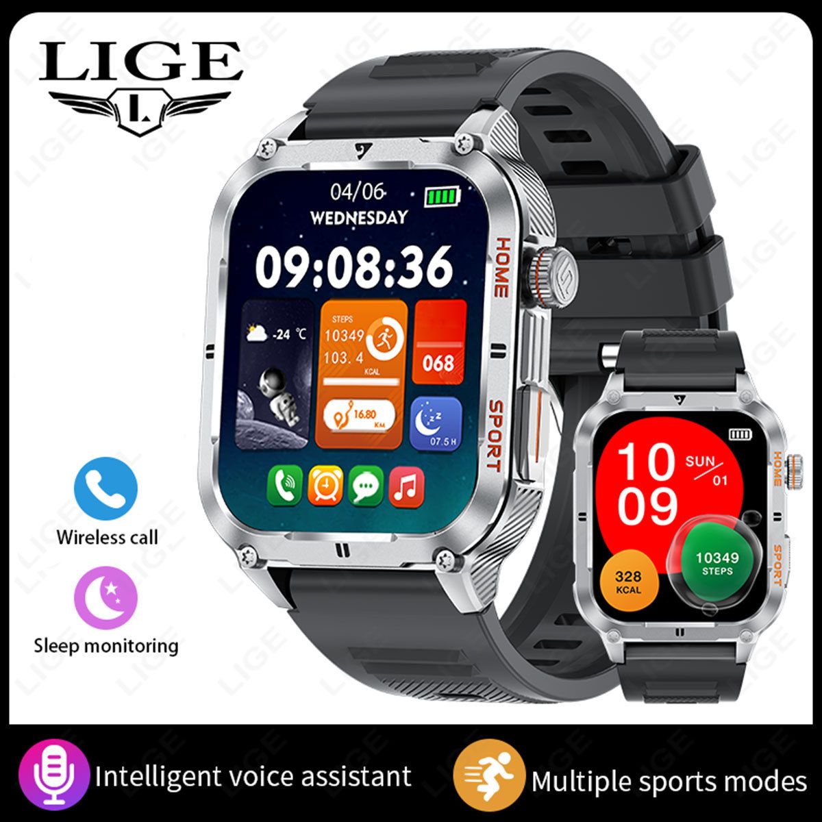 BANGWEI Men's Square Bluetooth Watch Multi Functional Sports Waterproof Music Weather Photography Watch_voghion.com