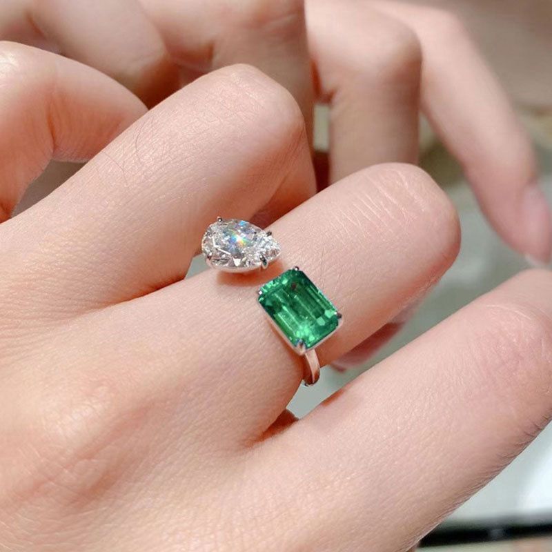 Online Beliebte Live-Übertragung Neues Produkt Smaragd Turmalin Prinzessin Quadrat Temperament Offener Ring Weiblicher Ring_voghion.com