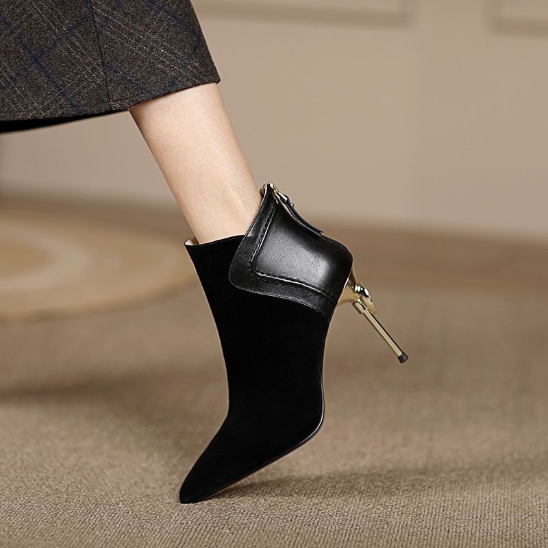 Pointed short boots women's thin heel autumn and winter new temperament high heel short women's boots frosted leather splicing bare boots_voghion.com
