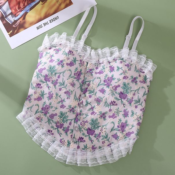 Tiszta virágmintás csipke trikó pánt nélküli fazonnal, vékony, légáteresztő alsó résszel és gyönyörű hátráncolást biztosító belső réteggel._voghion.com