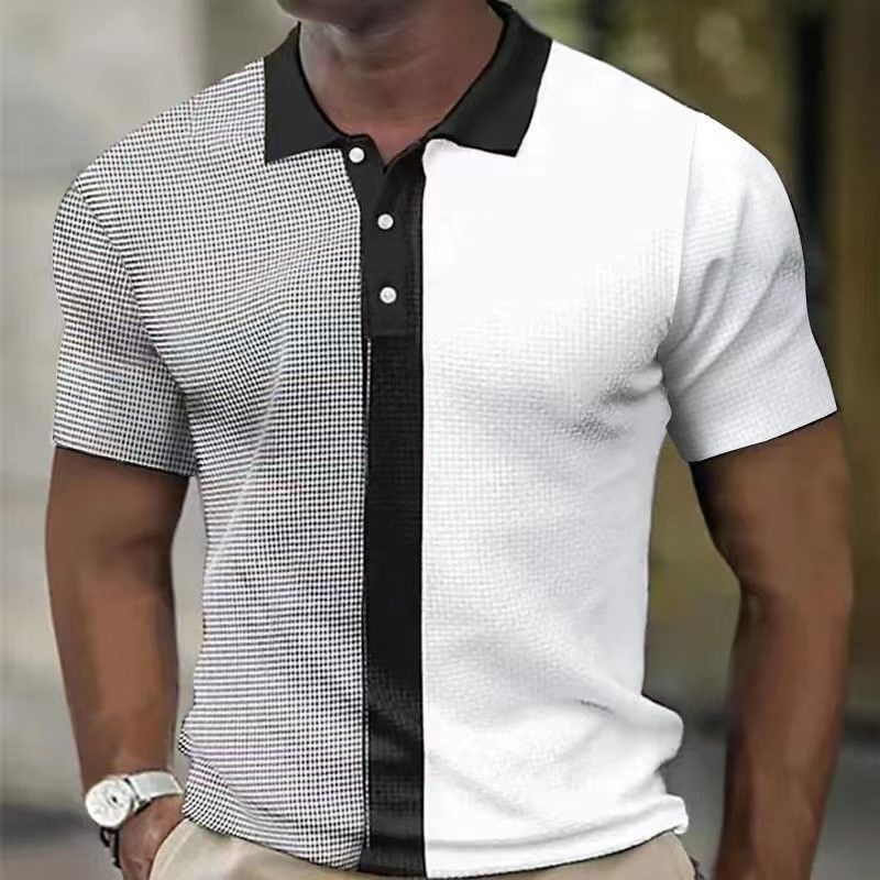 Yaz Yeni Erkek Polo Tişört Kısa Kollu Renk Blok Düğmeli Waffle Tişört_voghion.com