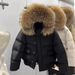 Women's Short Down Jacket Large Collar, White Duck Down, Loose Fit, Petite Winter Coat With Raccoon Fur Collar_voghion.com