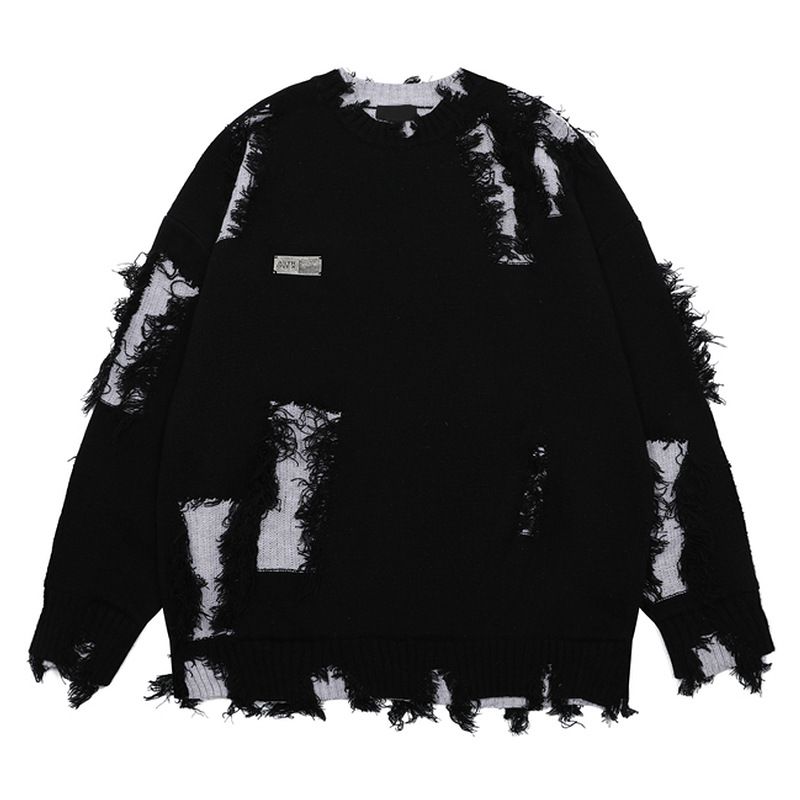 Suéter masculino de malha desgastada - pulôver grande da moda de rua com design retrô assimétrico, suéter casual de inverno quente com gola redonda_voghion.com